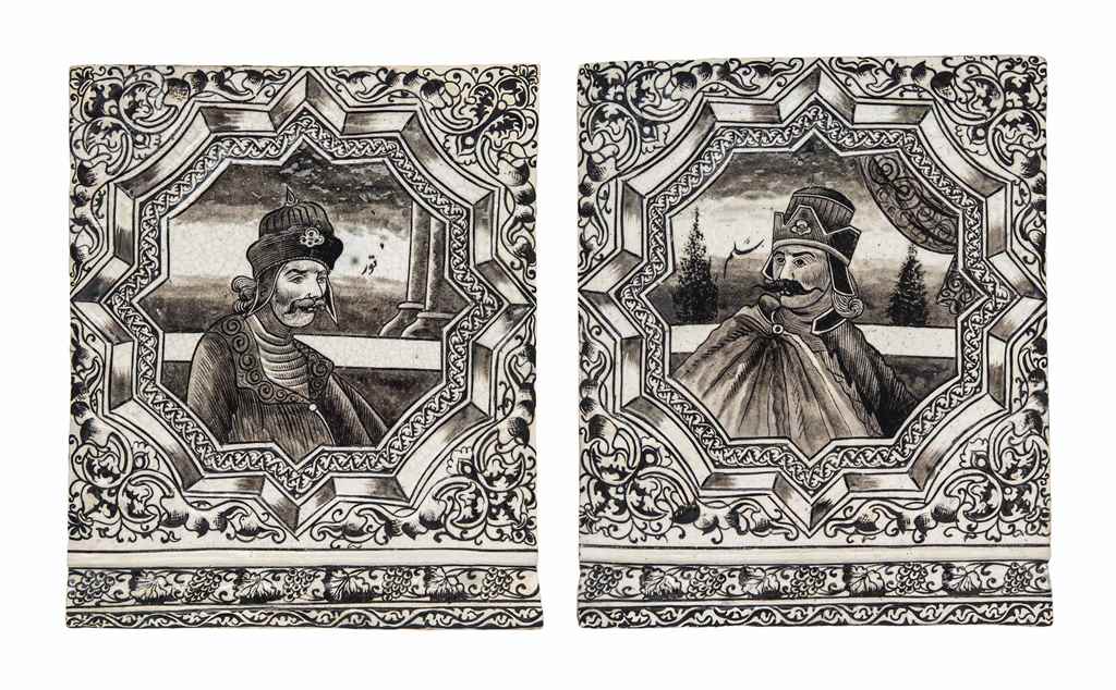 TWO LARGE GRISAILLE MOULDED POTTERY TILES OF KINGS TUR AND SALM QAJAR IRAN, LATE 19TH CENTURY Each