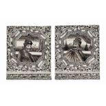 TWO LARGE GRISAILLE MOULDED POTTERY TILES OF KINGS TUR AND SALM QAJAR IRAN, LATE 19TH CENTURY Each