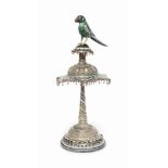 AN ENAMELLED PARAKEET ON ITS SILVER ENAMELLED PERCH BENARES, NORTH INDIA, 19TH CENTURY The perch