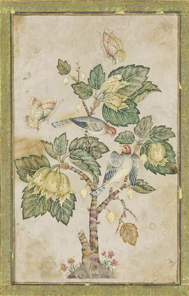 NIGHTINGALES IN A ROSEBUSH (GUL-O BULBUL) QAJAR IRAN, 19TH CENTURY Opaque pigments on paper, two