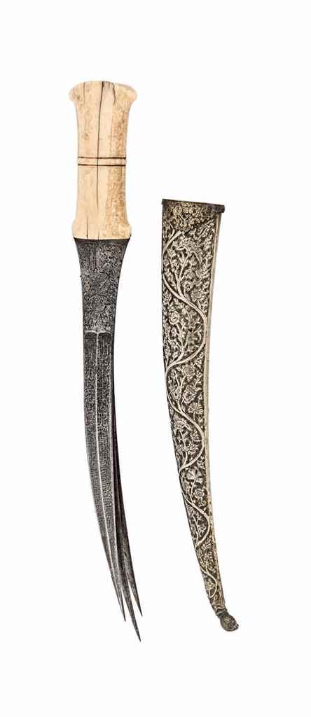 A MARINE-IVORY WATERED-STEEL DAGGER (KHANJAR) QAJAR IRAN, 19TH CENTURY Of typical form, with