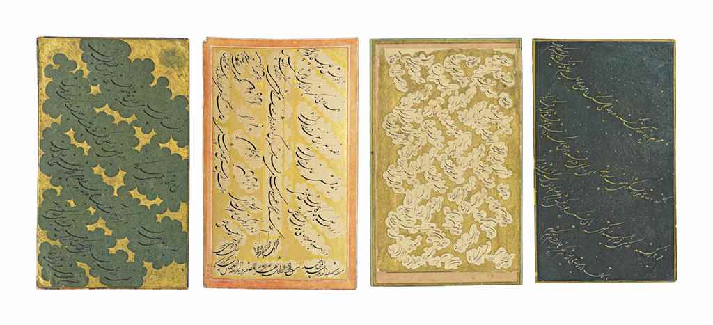 FIVE ILLUMINATED SHIKASTEH PANELS ONE SIGNED 'ABD AL-MAJID DARWISH, QAJAR IRAN, 19TH CENTURY Ink and