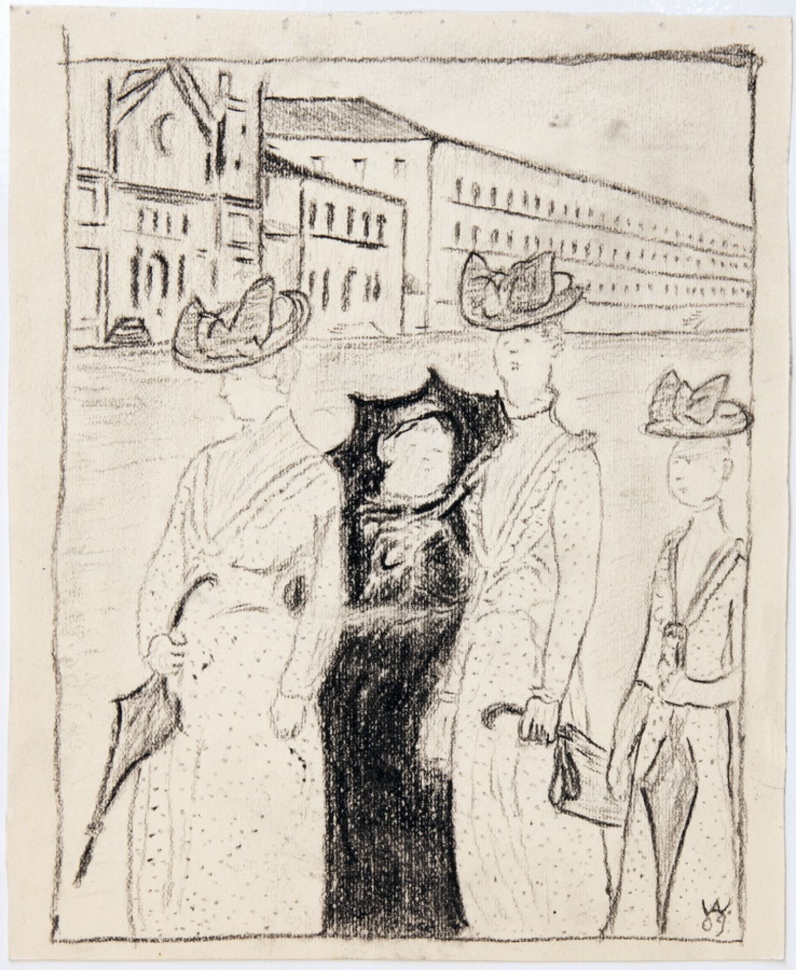 Albert Weisgerber. Besuch. Kohlezeichnung. 1909. 17,2 : 14,3 cm. Monogrammiert und datiert,