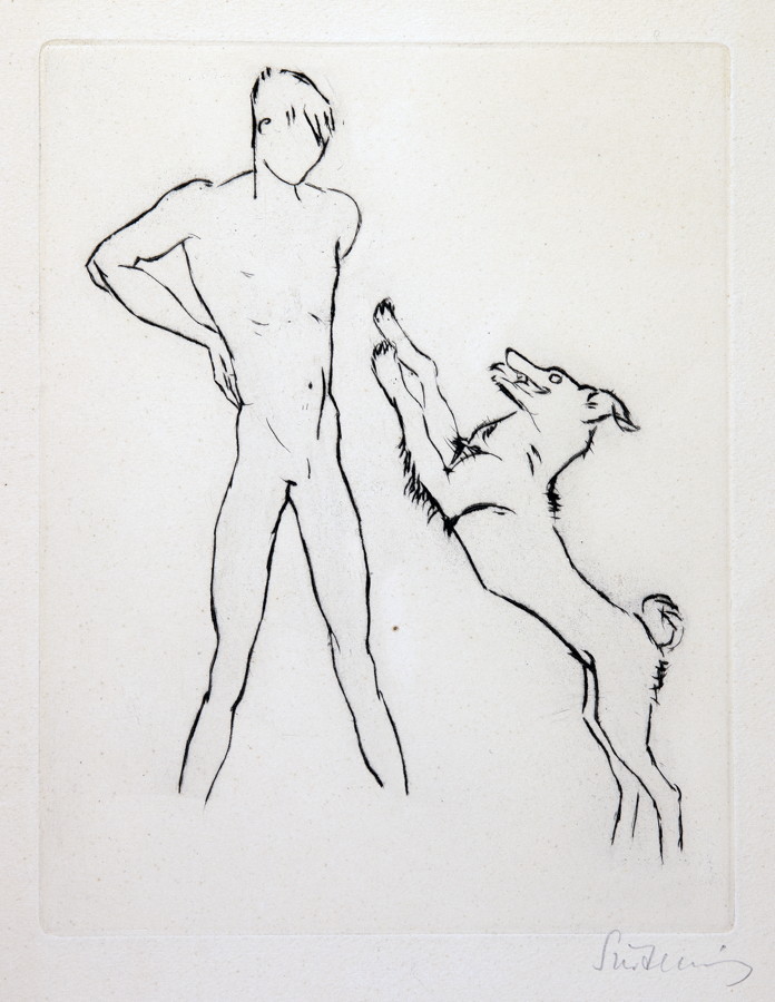 Renée Sintenis. Junge mit anspringendem Hund.  Junge mit Fohlen.  Zwei Radierungen. 21,8 : 17,0 cm