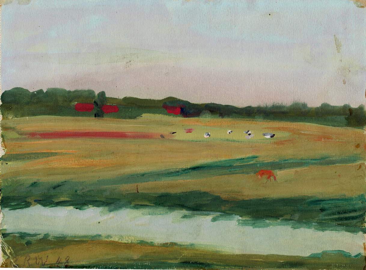 Clara Rilke[-Westhoff]. Worpsweder Landschaft. Gouache. 1948. 20,3 : 27,3 cm. Monogrammiert und