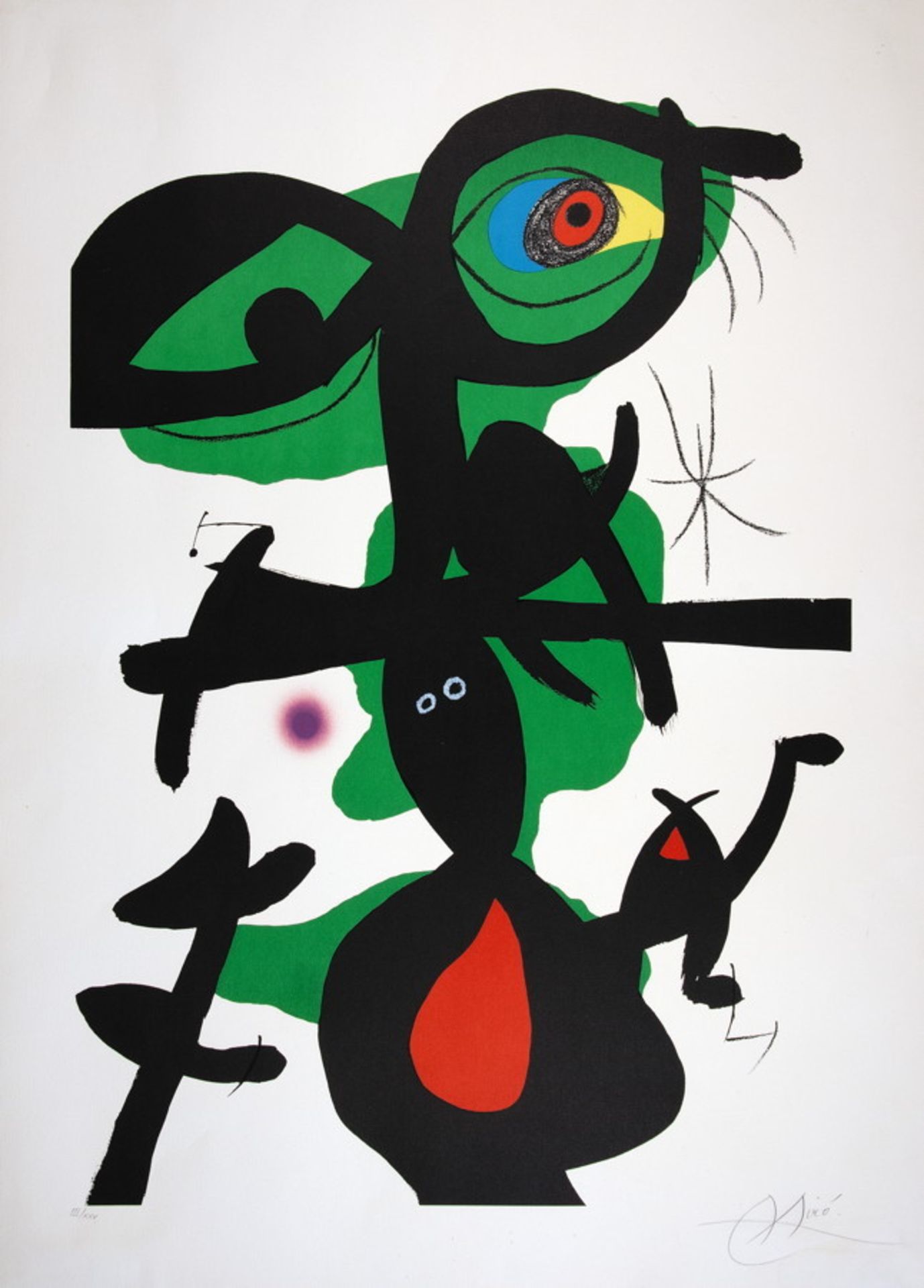 Joan Miró. Blatt 9 aus »Oda a Joan Miró«. Farblithographie. 1973. 87,4 : 61,0 cm (104,0 : 77,0