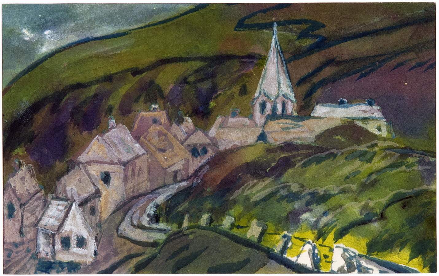 Hans Fehr. Hammerfest. Aquarell. 1932. 10,7 : 17,0 cm. Kleine Dorfansicht in hügeliger Landschaft. 