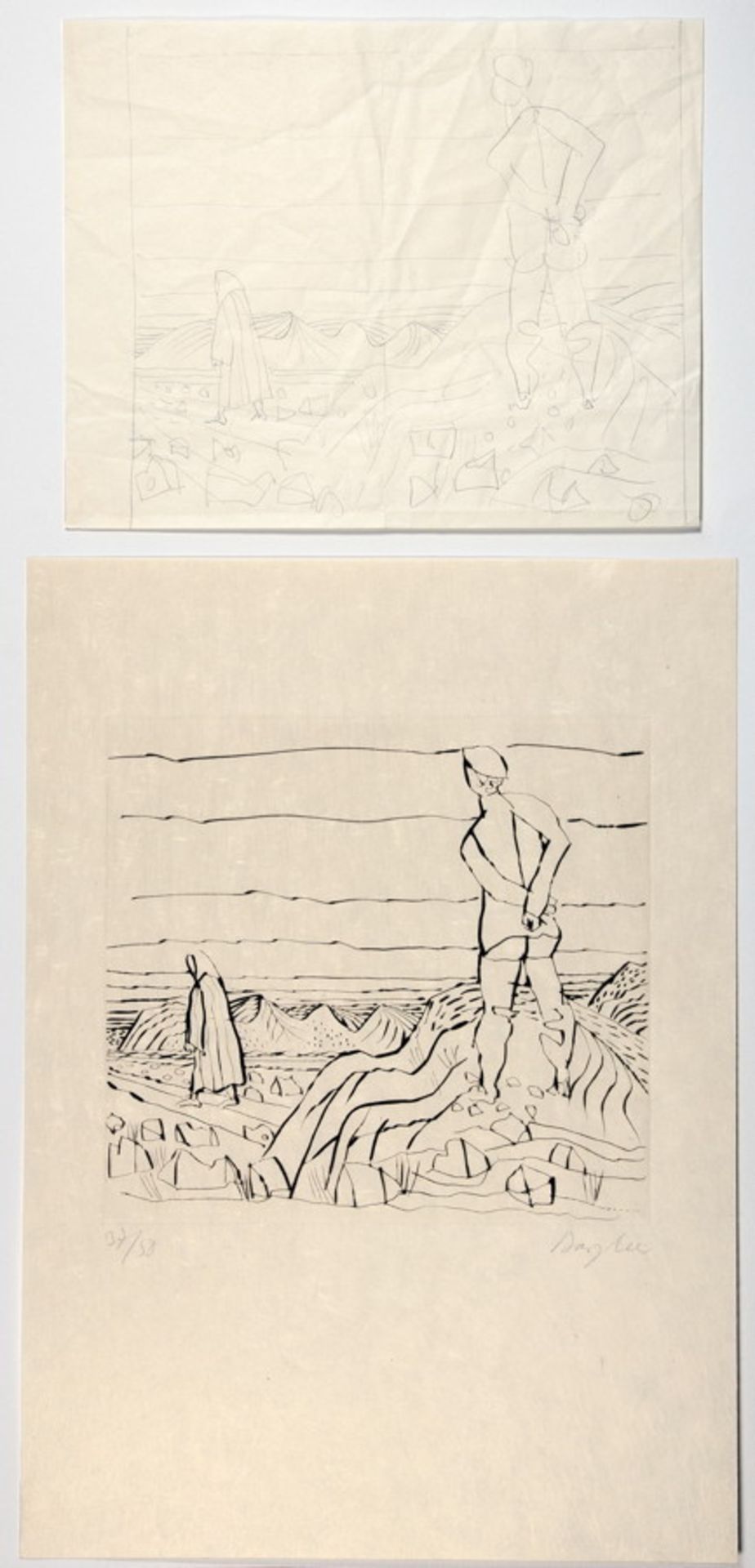 Eduard Bargheer. Zwei Menschen in Landschaft. Bleistiftzeichnung. 22,0 : 24,2 cm (22,0 : 28,0 cm).