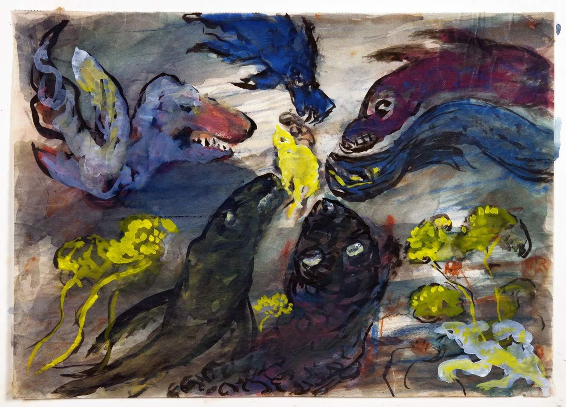 Hans Fehr. Böse Tiere überfallen ein kleines, gutmütiges Wesen. Aquarell und Tempera. 1956. 23,7 :