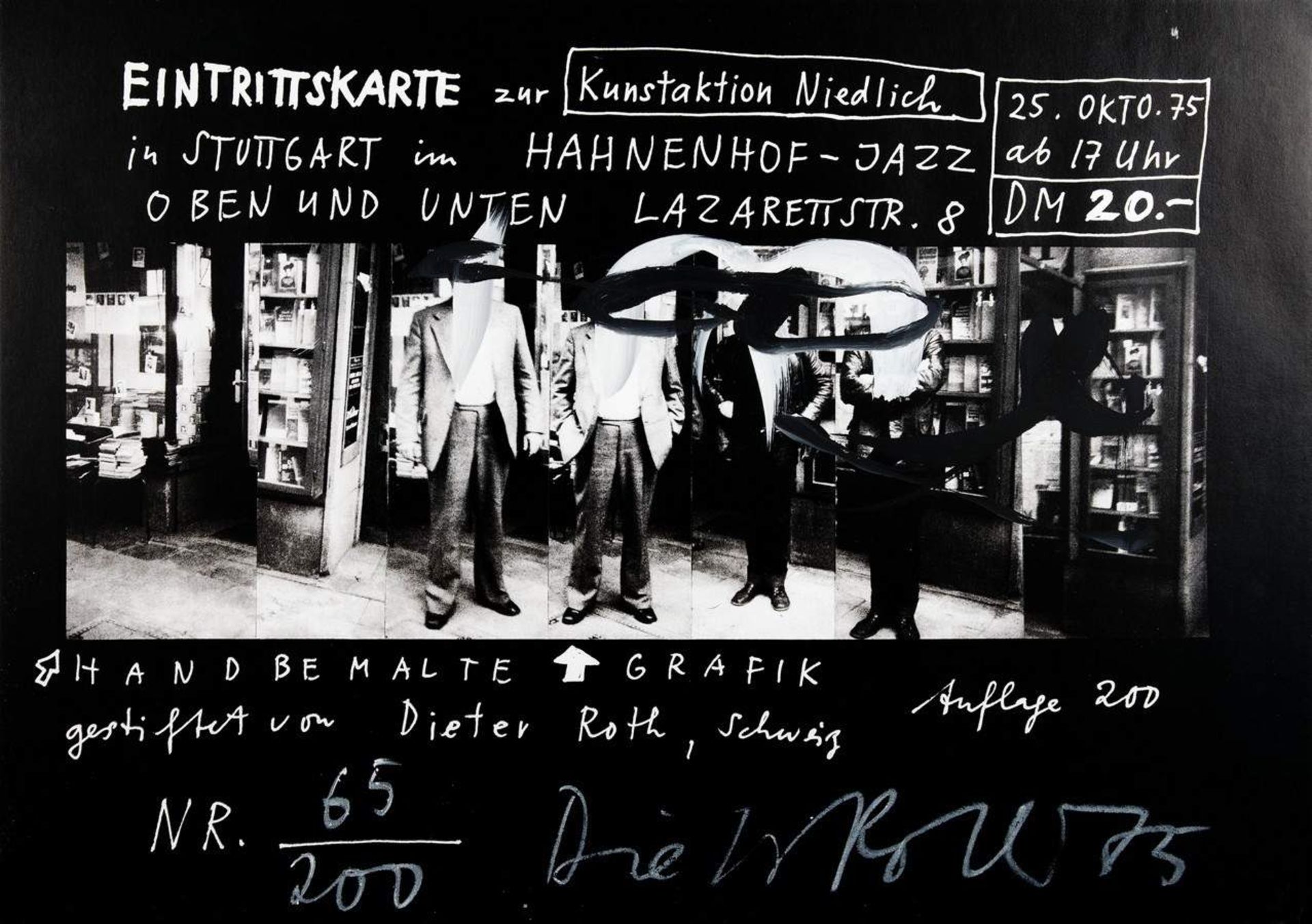 Dieter Roth. Eintrittskarte zur Kunstaktion Niedlich. Übermalte Offsetlithographie. 1975. 30,0 :