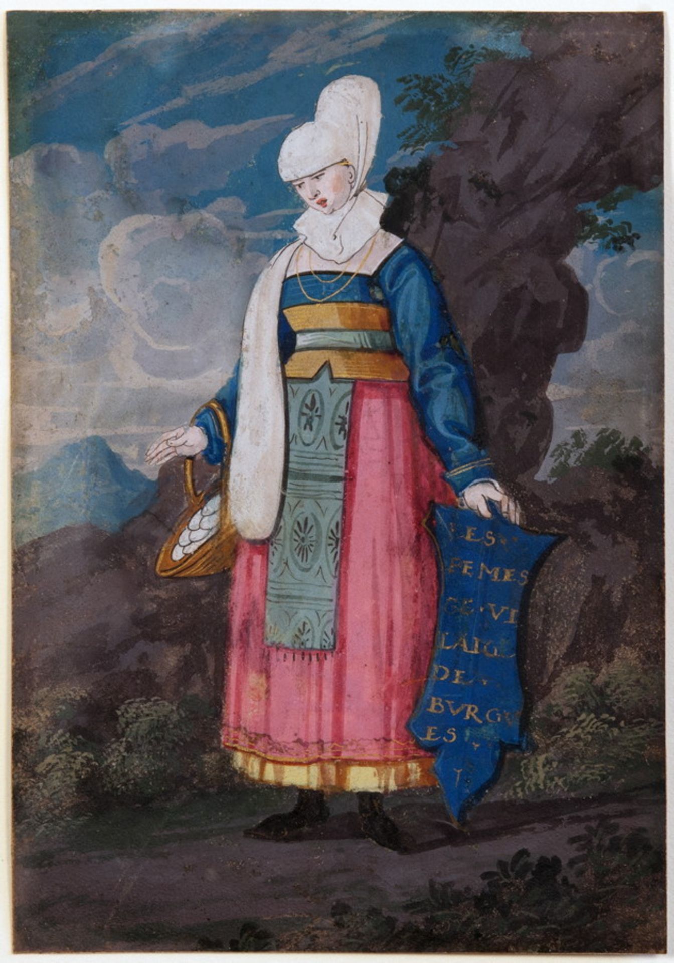 Frankreich, 17. Jahrhundert - Frau in Burgundischer Tracht. Gouache und Federzeichnung auf