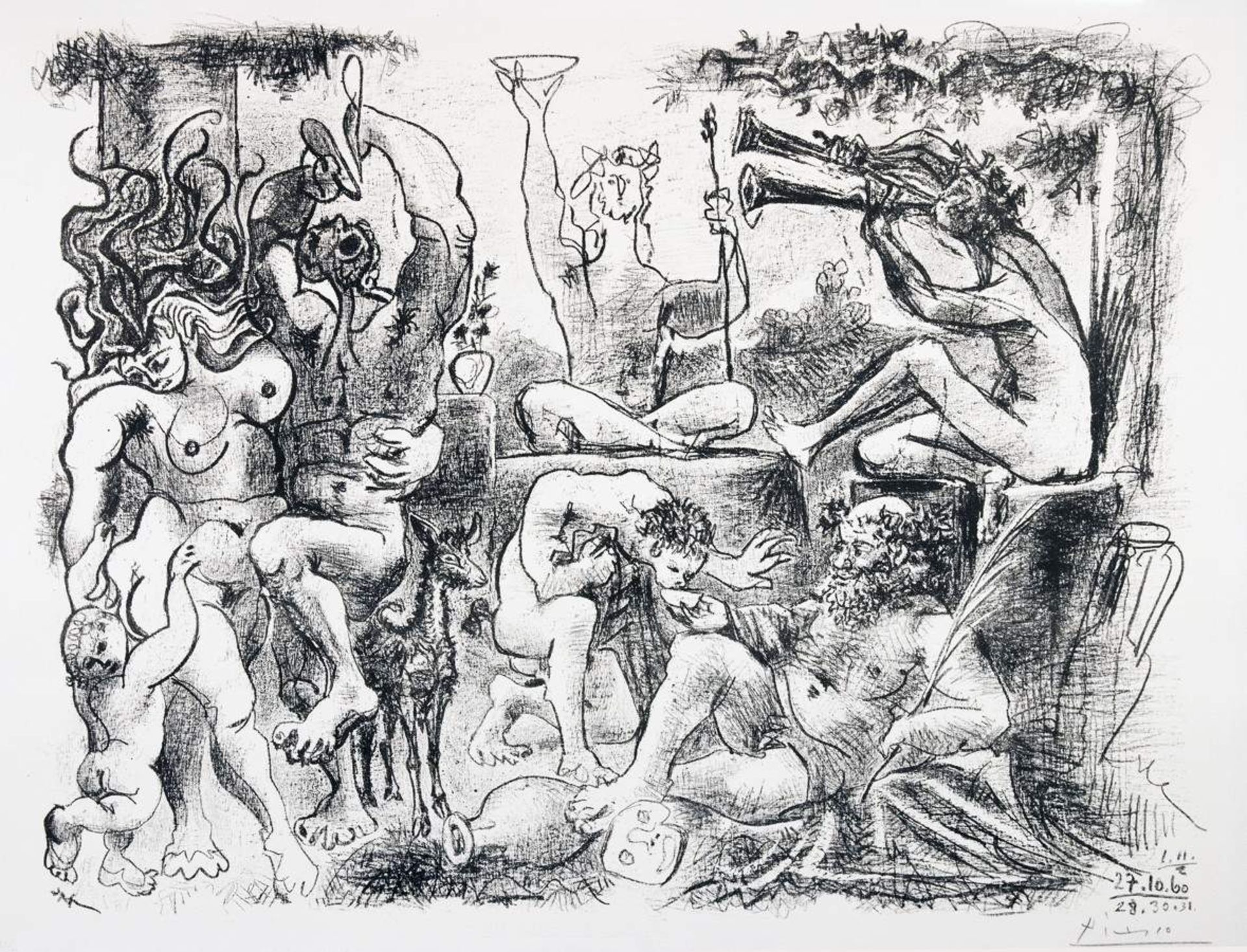 Pablo Picasso. Hommage à Bacchus. Lithographie. 1960. 49,5 : 63,5 cm. (53,5 : 69,2 cm). Signiert, im