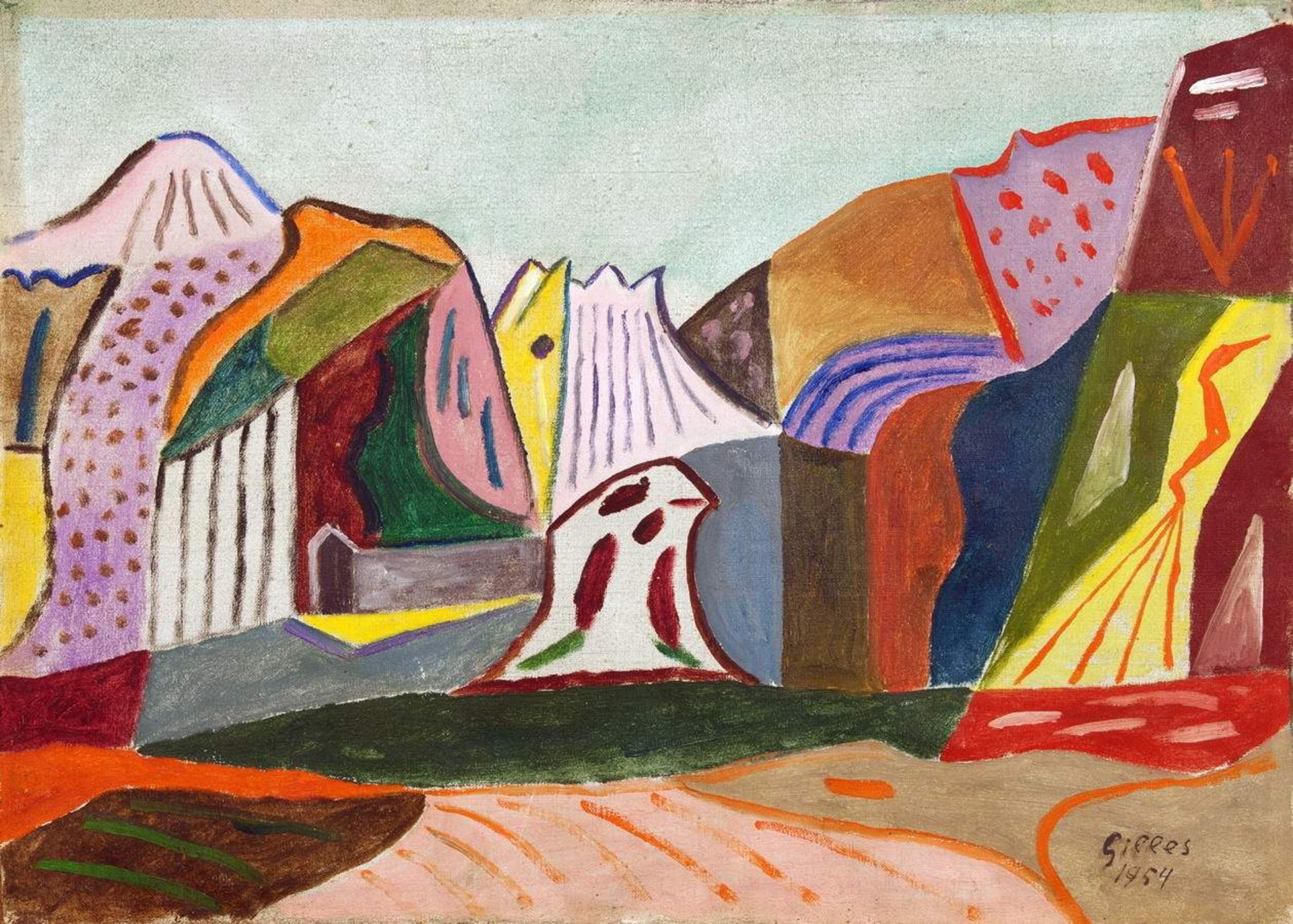 Werner Gilles. Landschaft. Öl auf Leinwand. 1954. 34,5 : 47,0 cm. Signiert und datiert. Eine der