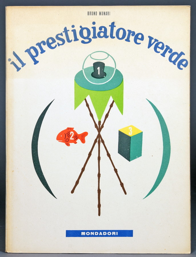 Bruno Munari. Il prestigiatore verde. Mailand, Mondadori 1945. Mit farbigen Illustrationen und