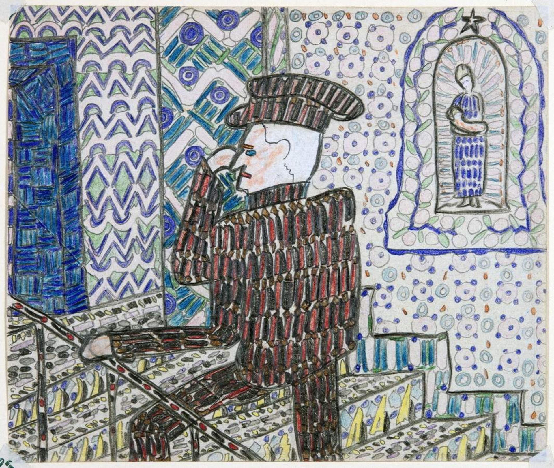 Paul Goesch. Auf der Treppe. Farb- und Bleistiftzeichnung. 1919. 16,4 : 19,2 cm. In überbordender