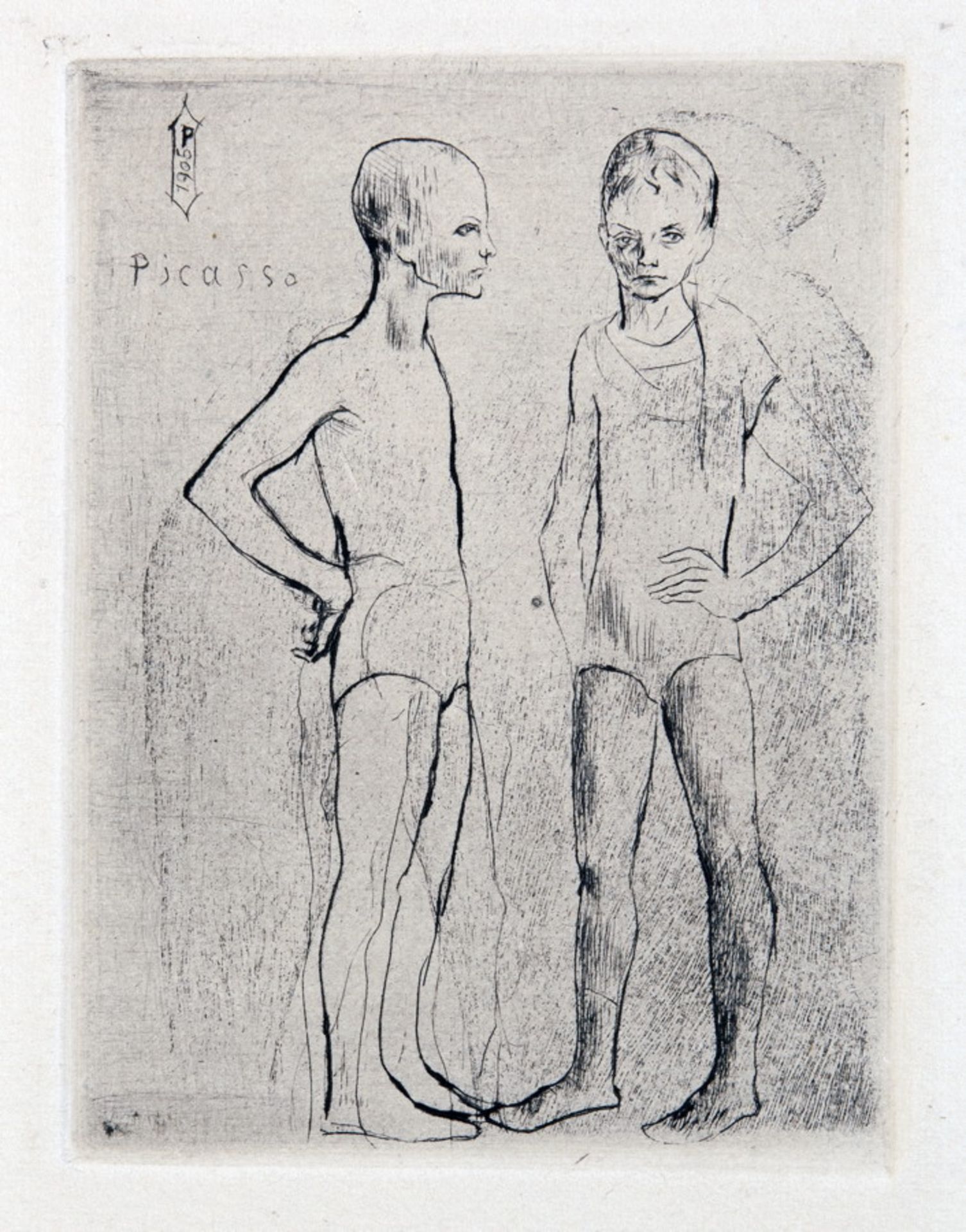 Pablo Picasso. Les deux Saltimbanques. Kaltnadelradierung. 1905. 12,2 : 9,1 cm (29,0 : 21,5 cm).