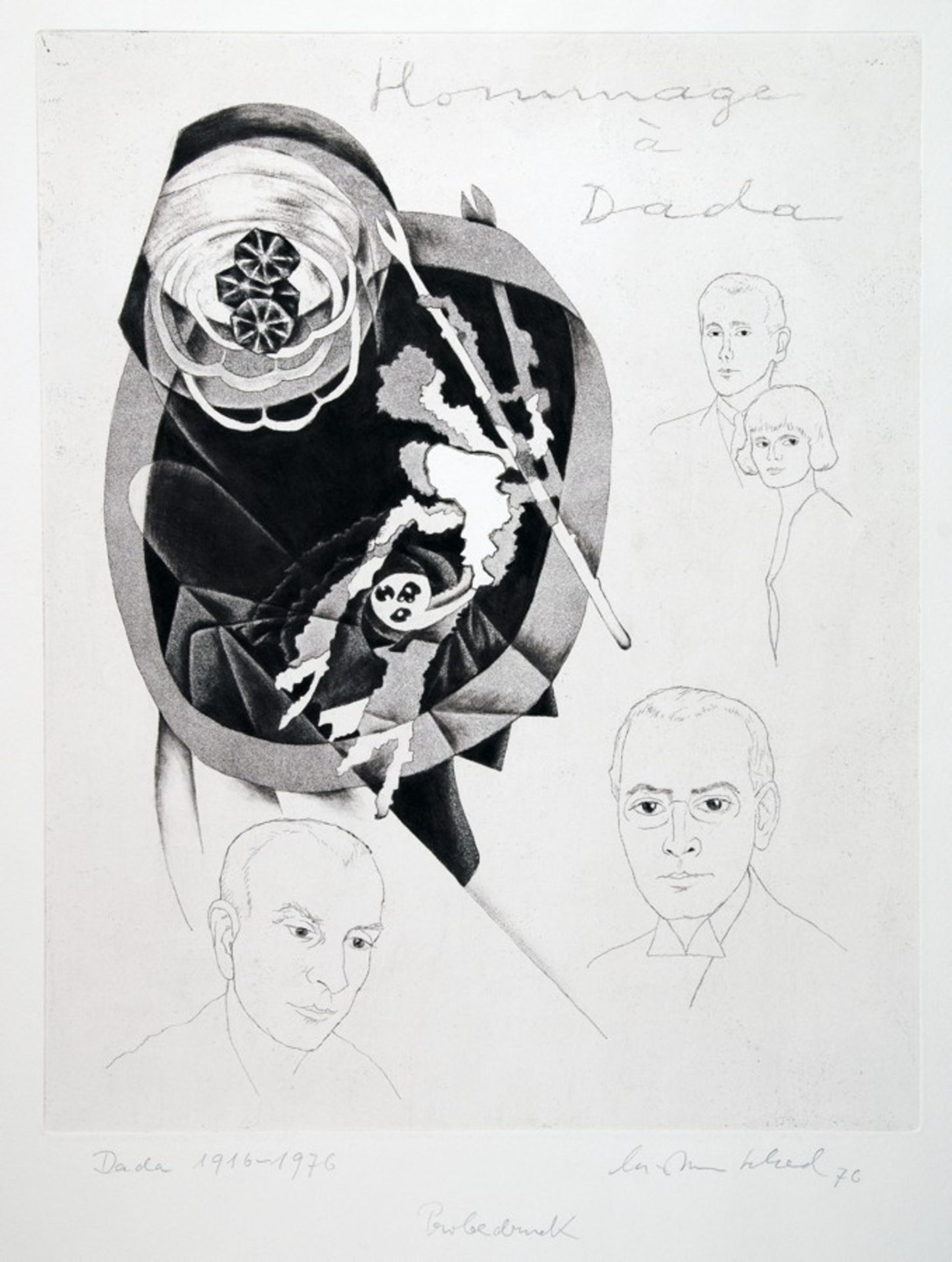 Christian Schad. Hommage à Dada. Dada 19161917. Radierung. 1976. 40,8 : 32,6 cm (59,0 : 42,0 cm).