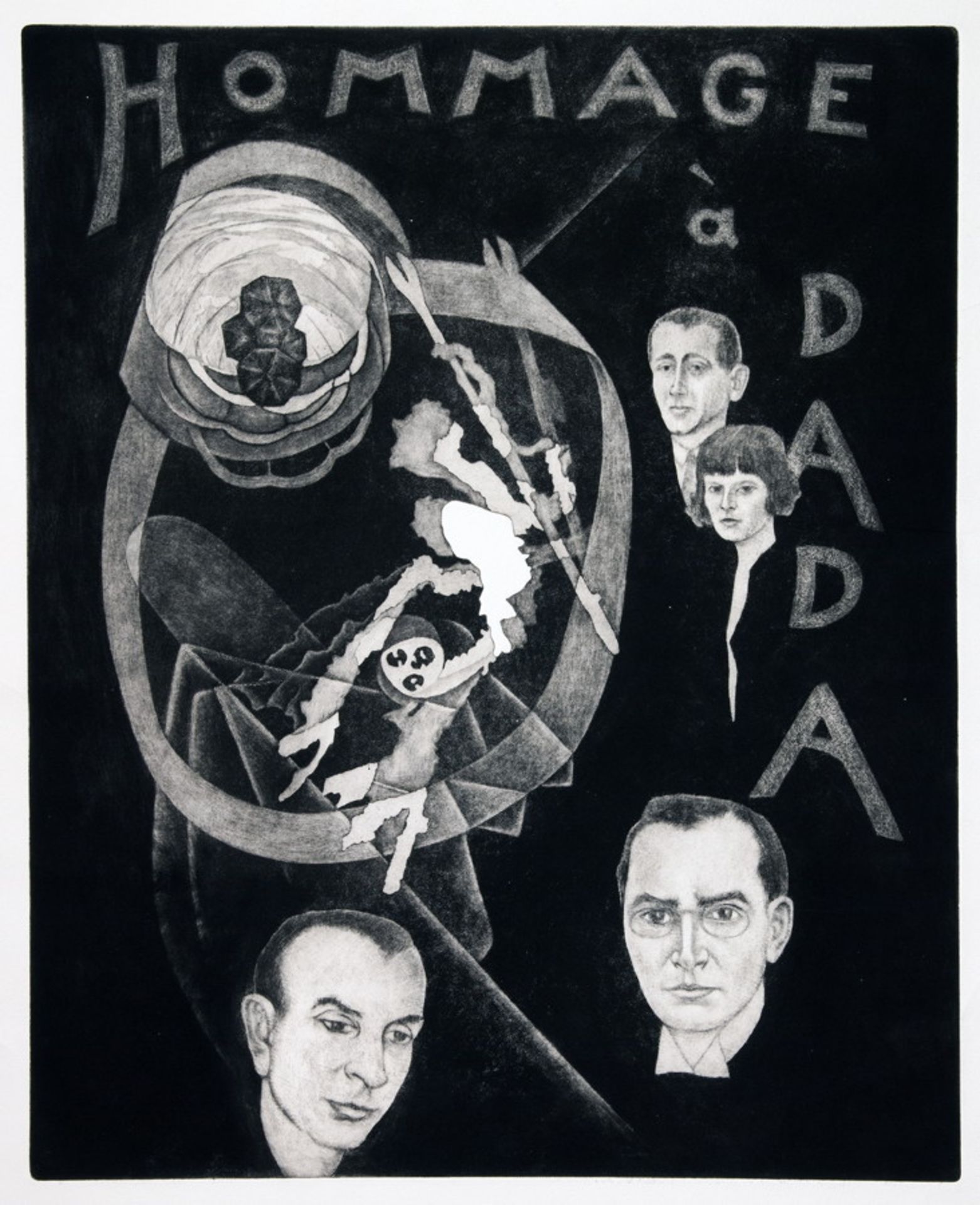 Christian Schad. Hommage à Dada. Schabkunstradierung. 1976. 40,3 : 32,5 cm (46,0 : 37,5 cm).