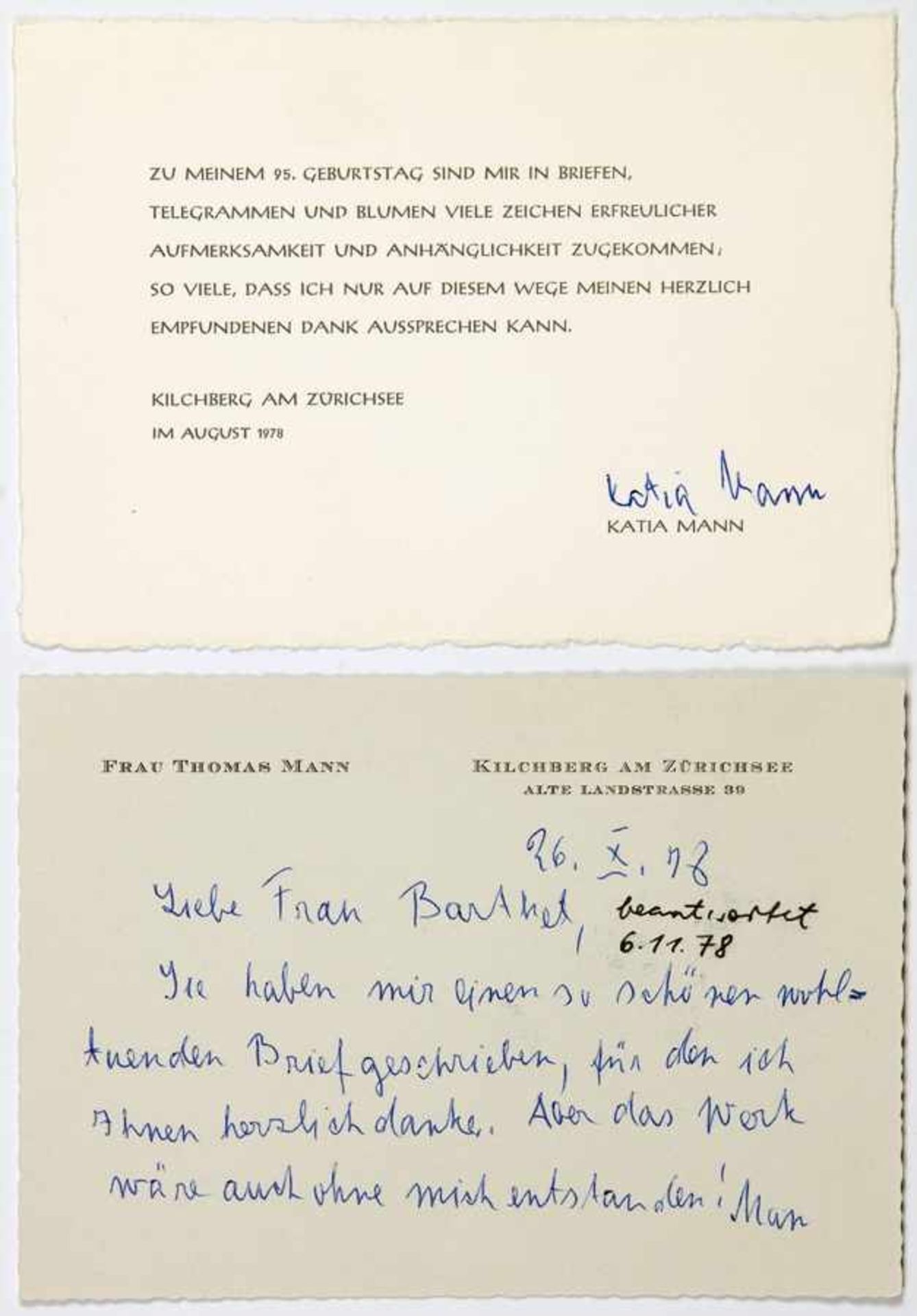 Katia Mann. Drei eigenhändige Brief- bzw. Postkarten, alle mit Unterschrift. Kilchberg am Zürichsee,