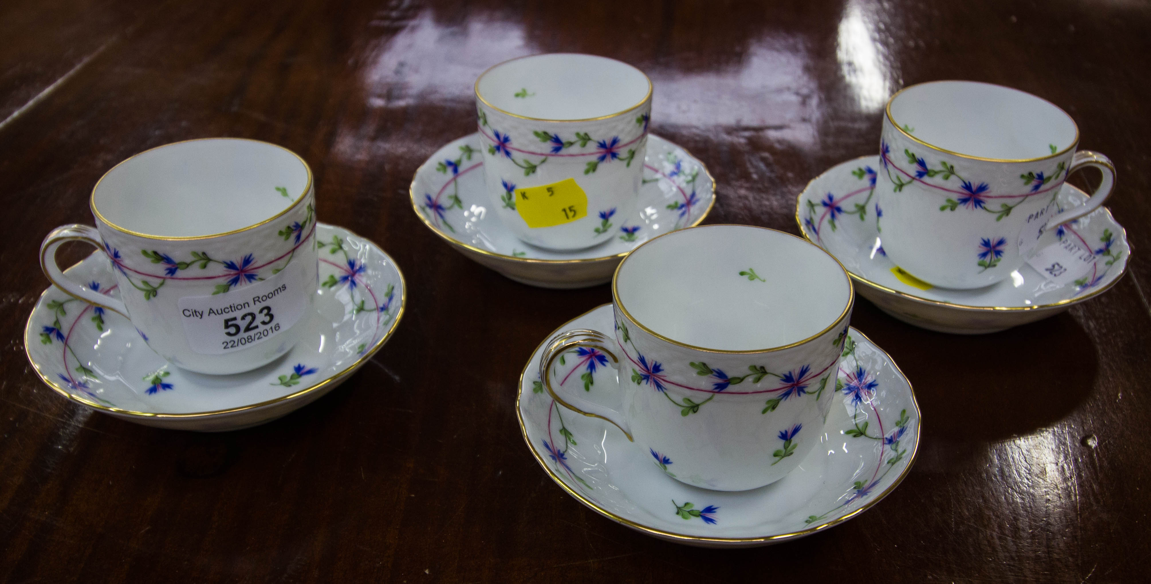 4 HERREND COFFEE CUPS + SAUCERS