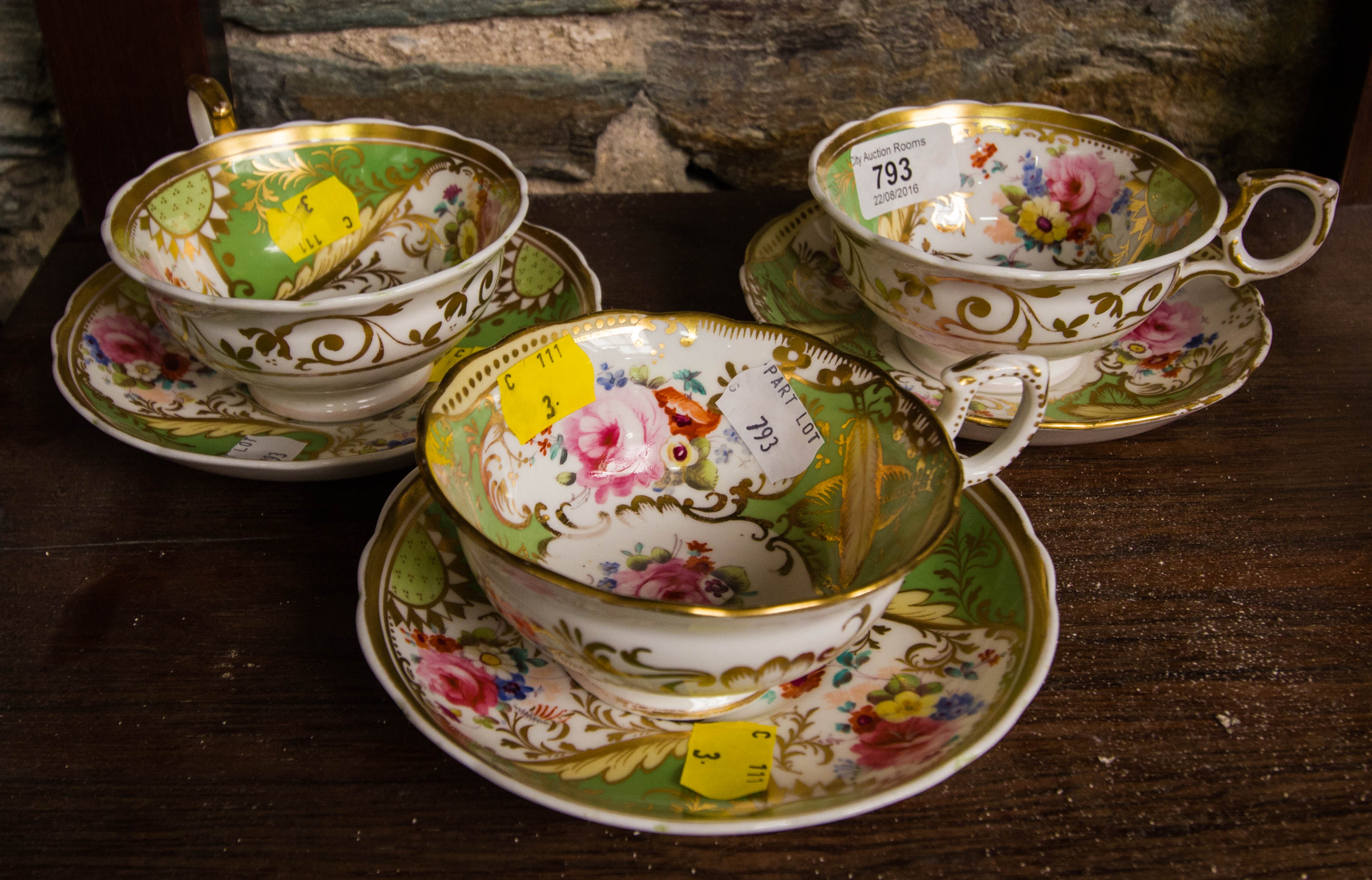 3 VICTORIAN CHINA CABINET CUPS + SAUCERS