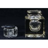 (lot of 2) Art glass inkwell bottles, one having a square top, largest: 5.5"h. Provenance:  Property