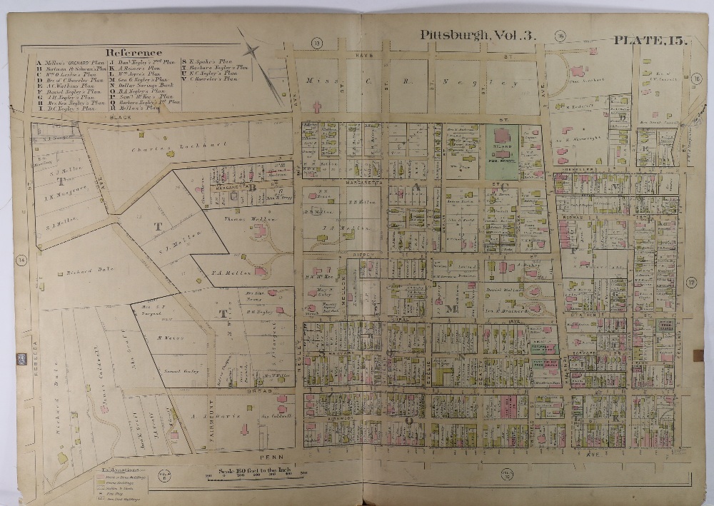 (lot of 5) American School (19th century), Four business directory maps of Mt. Pleasant, Latrobe,