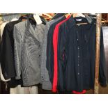 (lot of 6) Men's garments including two suits, wool blazer, and three dress shirts, size 42R, 44L,