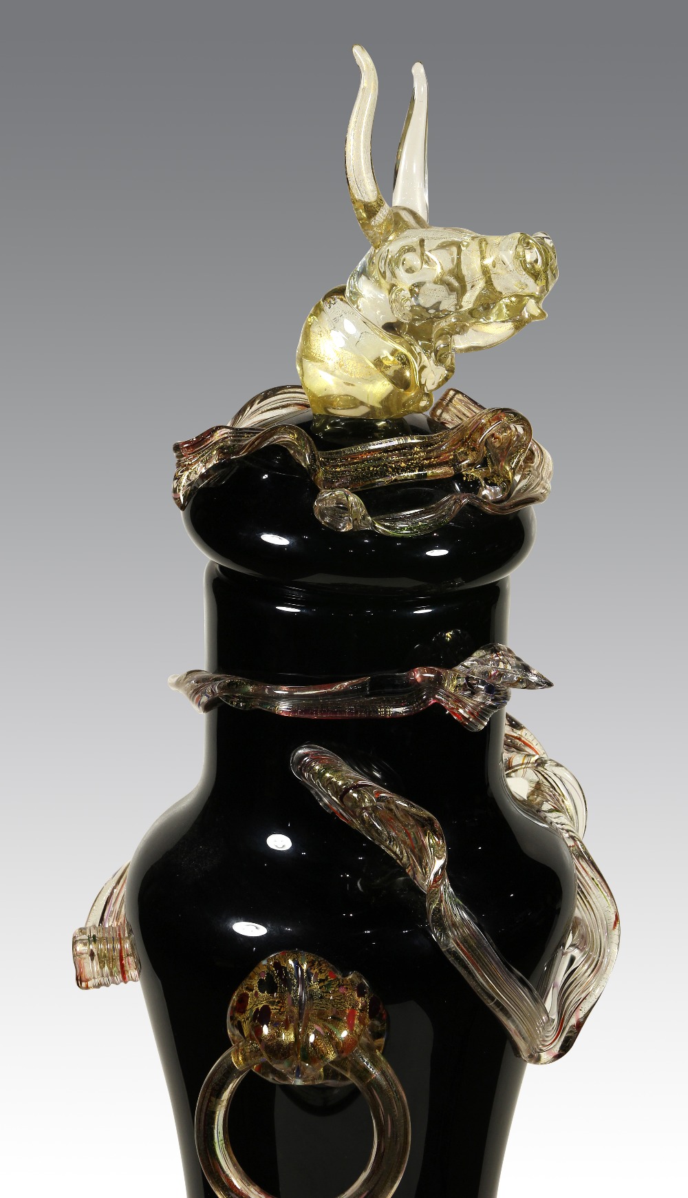 Paul De Somma (American, born 1959), Murano style black blown glass baluster form vessel, flanked - Image 4 of 10