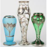 (lot of 3) Art Nouveau silvered overlay art glass vase group, each having overlaid floral sprays