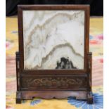 Chinese wooden table screen with marble plaque, the rectangular marble panel having a mountain