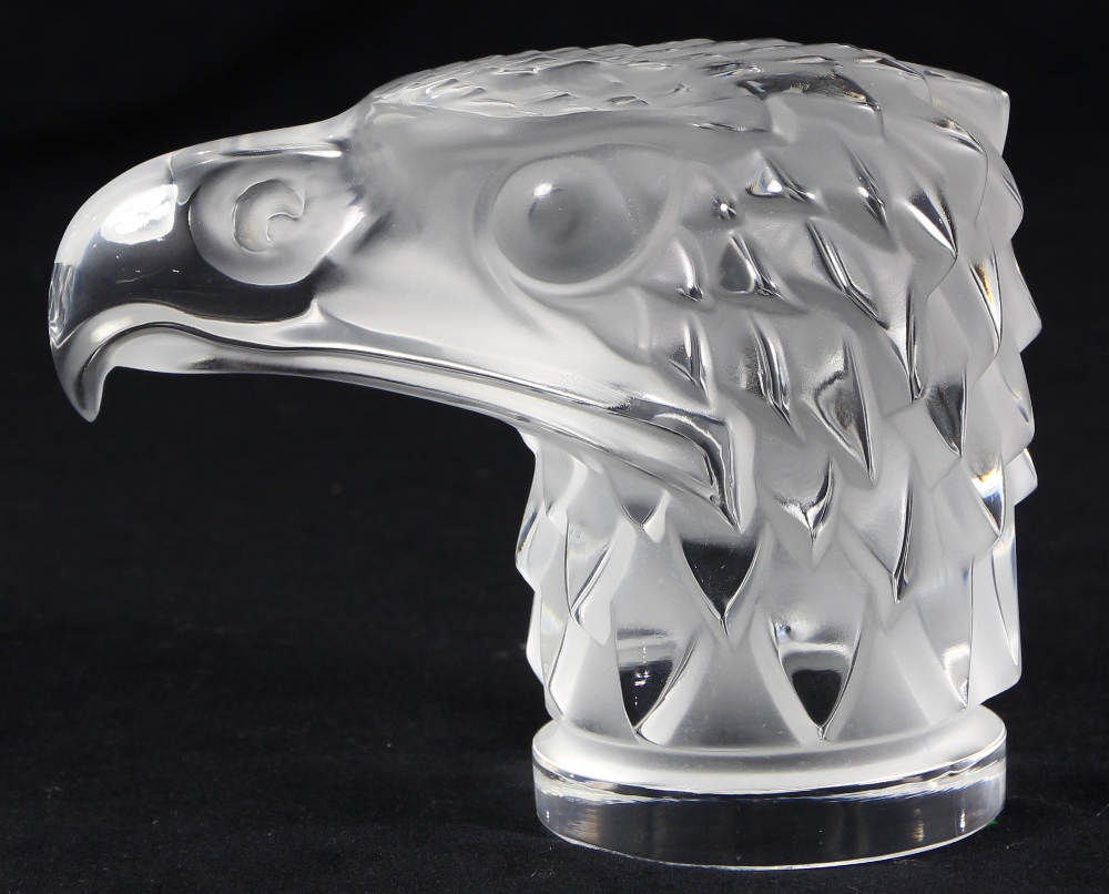 Lalique France 'Tete d' Aigle' eagle car mascot, executed in frosted to clear glass, base with