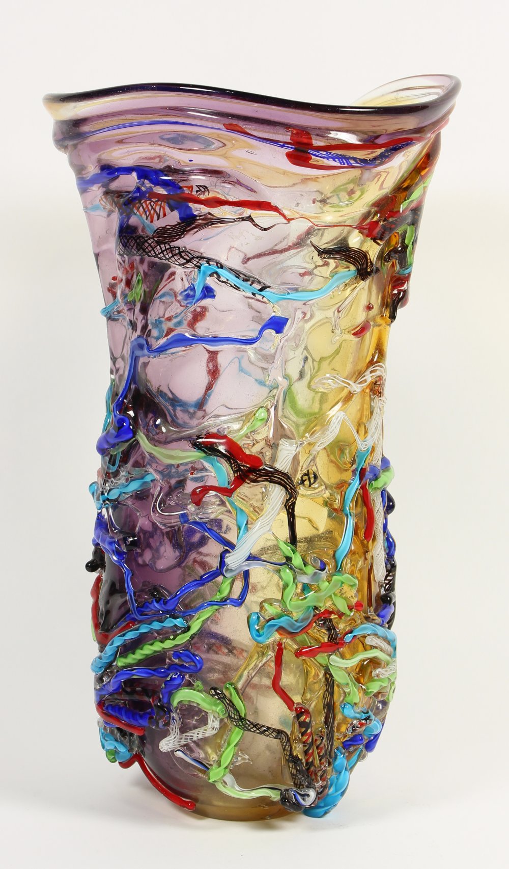 Italian Murano end of day vase, the organic form with applied glass and cane accents flanking the - Image 3 of 7