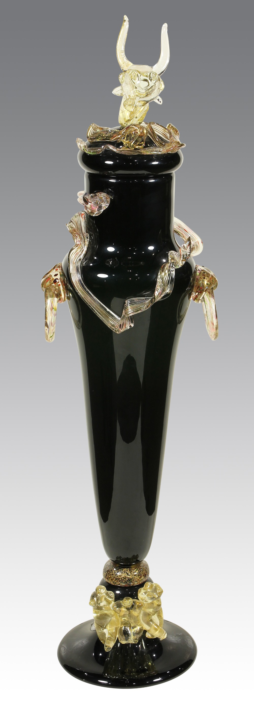 Paul De Somma (American, born 1959), Murano style black blown glass baluster form vessel, flanked