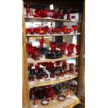 (Lot of 40+) Collection of Ruby Red Depression glass, including a ruffled rim centerpiece bowl,