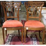 (Lot of 2) Pair of Edwardian lattice back chairs with pink upholstery, rising on tapering legs, 35"h