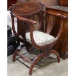 Continental style inlaid savanarola chair, having an upholstered seat, and rising on an X-form base,