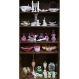 (lot of approx 45) Collection of art glass, including Fenton vases and bride's baskets, opalescent