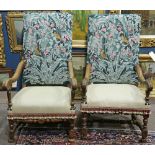 Pair Louis XIV style throne chairs, one early 18th century, the other later, each having a