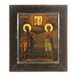 Russian icon, first quarter 20th century, depicting two saints, St. Prokopii and St. John, each hand