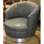 Mid-Century uphosltered club chair on swivel chrom base, 32"h x 30"w x 22"d