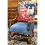 Louis XIV Style throne chair, 19th century, having a re-upholstered seat and back, the back with