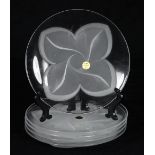 (Lot of 5) French Durand clear and frosted glass plates, each having a radial floral medallion