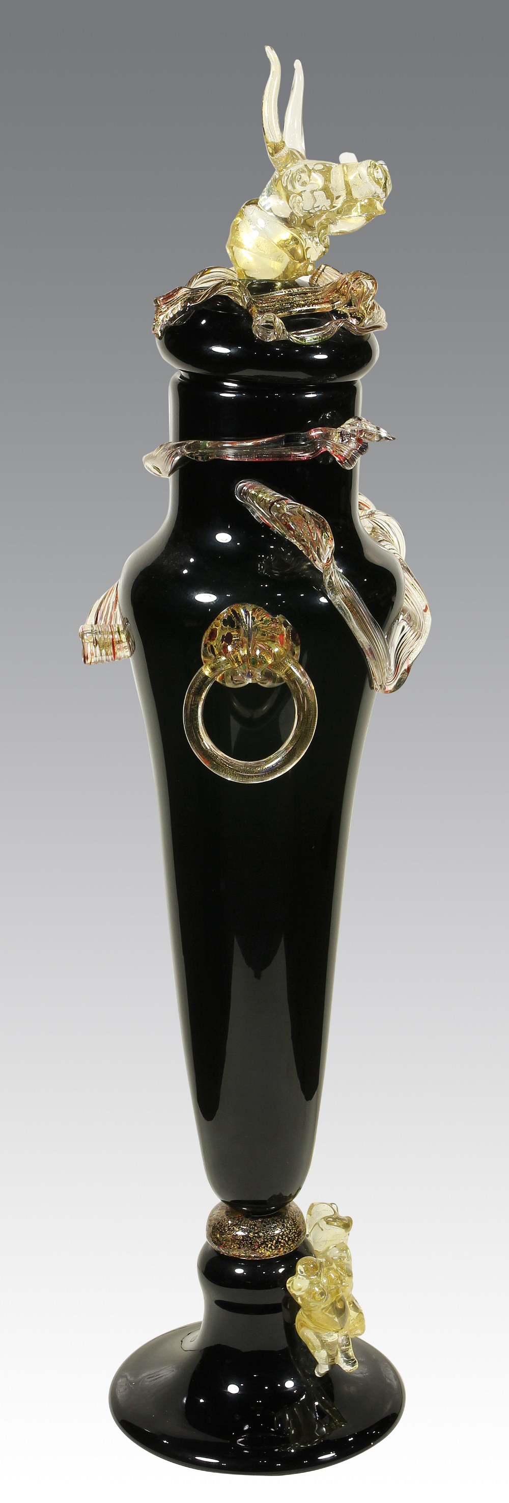 Paul De Somma (American, born 1959), Murano style black blown glass baluster form vessel, flanked - Image 3 of 10