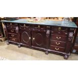Renaissance style marble top sideboard, having a rectangular variegated green marble top, above