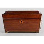 English Regency casket form tea caddy, 19th Century, having a hinged lid opening to a crystal bowl