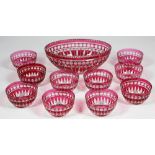 (Lot of 10) Victorian cranberry glass cut to clear dessert service, with repeating thumb print