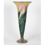 Lundberg Studios trumpet form vase having a pulled feather design on an iridescent ground, marked on