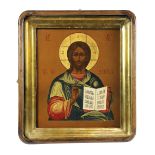 Russian hand painted icon, late 19th/early 20th century depicting Christ the Savior with gilt