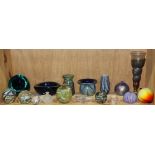 (lot of 17) Collection of art glass table articles, including paperweights and vases, many with
